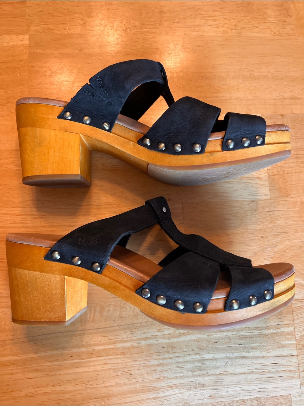 UGG Black Suede Studded Wood Block Heel Sandals